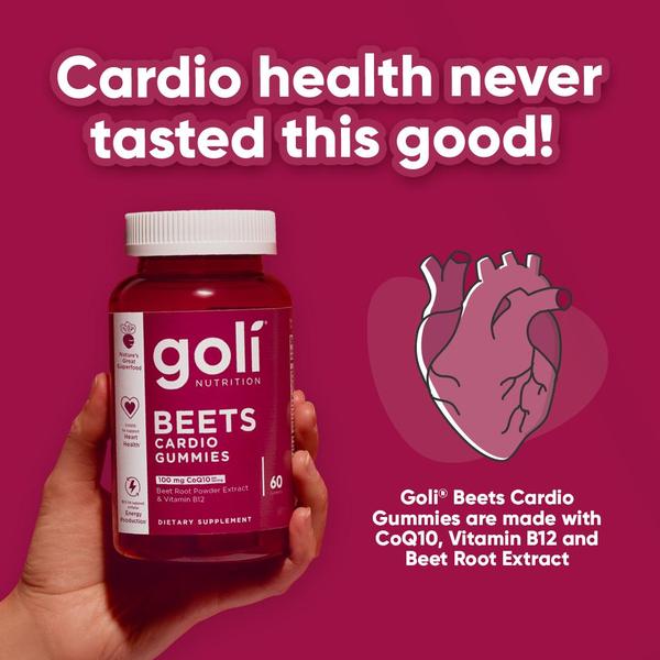 A clean, high-contrast ad featuring a bottle of Beets Cardio Gummies held in hand against a monochromatic background with an anatomical heart graphic.
